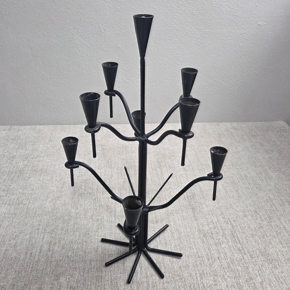 Vintage MCM Brutalist Wrought Iron 10 Light Candelabra Black Tree Candle Holder